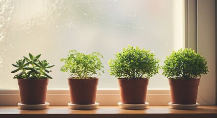 Fototapeta premium Four healthy potted plants arranged neatly on a windowsill with natural sunlight streaming in