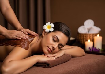 Naklejka premium Woman receiving a relaxing massage on a brown massage table with flowers