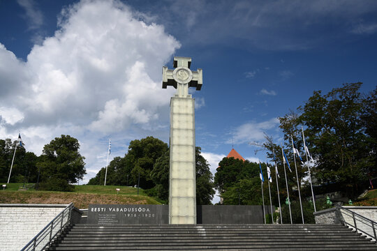 Tallinn, Estonia - July 24, 2024: The War of Independence Victory Column (Vabadussoja voidusammas) at Freedom Square in Tallinn.