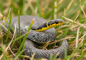 Close-up view of a prairie ringneck snake, Diadophis punctatus arnyi, with its distinctive yellow neck ring and smooth grey scales, coiled subtly within dry, natural grass, showcasing its camouflage a