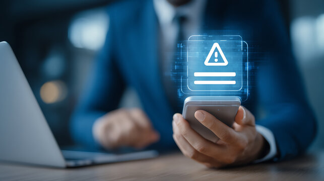 Businessman notices alert on smartphone screen with futuristic interface overlay