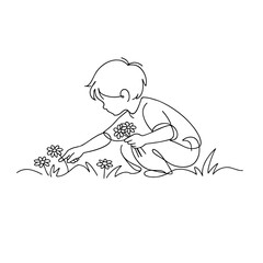 Obraz premium Child picking daisies in field while crouching and smiling 