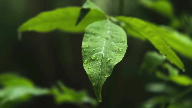 Peaceful nature background featuring crystal clear water droplets dripping from a lush leaf in slow motion.