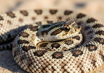 Fototapeta premium A macro photograph of a western hognose snake coiled on sandy ground, its distinctive upturned snout visible, isolated on a transparent background, revealing intricate scale patterns.