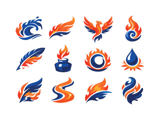 Naklejka premium Collection of stylized fire and water elemental logos and icons with blue and orange colors