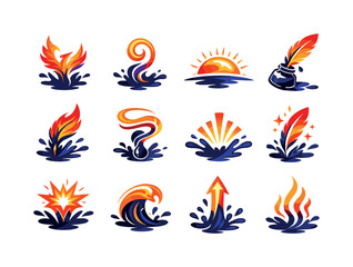 Two-Color vector icons of rebirth emerging from creative ink (related theme): flame bird, ink curl, rising arc, tipped well;