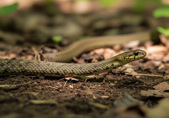 Obraz premium Close-up profile of a slender Rough Earth snake slithering on the forest floor, highlighting its fine scales and alert expression, isolated on transparent background for easy integration.