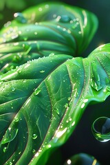 Obraz premium Macro green leaf water droplets sunlight sparkle illustration images