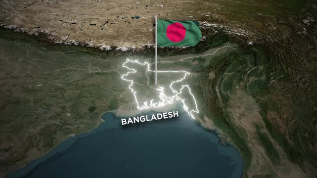 Bangladesh Map with Waving Flag and Glowing Border Animation on World Map