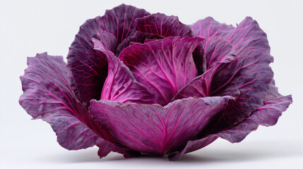 Obraz premium A vibrant head of red cabbage, freshly harvested and partially opened, showcasing its rich purple leaves against a white background.