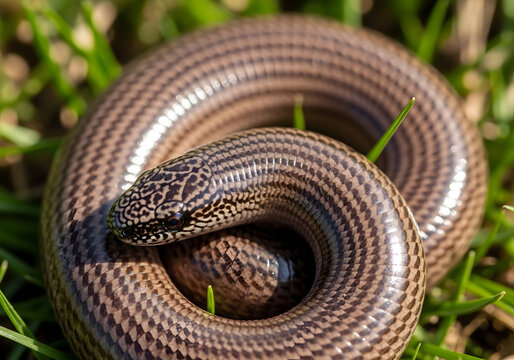 Macro shot of a slow worm, a legless lizard, coiled tightly in vibrant green grass, showcasing its detailed scales and patterned body, isolated on transparent background.