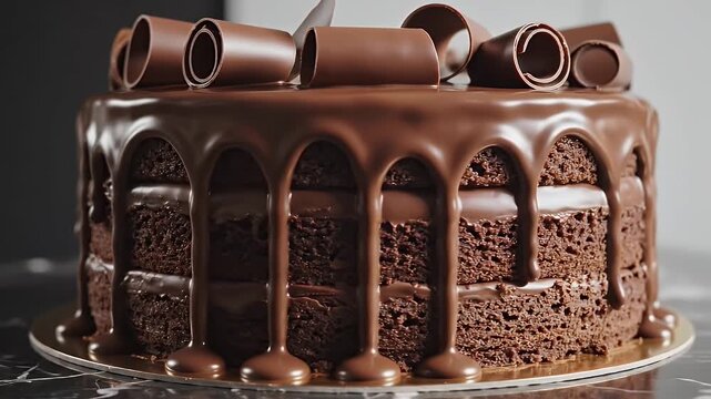 Decadent Chocolate Drip Cake With Chocolate Curls And Ganache Topping And Moist Layers
