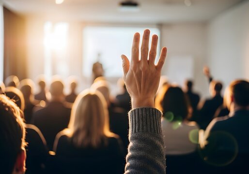 Hand raised during business presentation or educational seminar