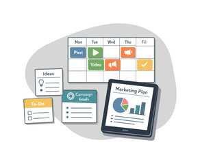 Clean marketing campaign planning concept viewed from above with generic content calendar chart tiles and tablet aligned clearly,