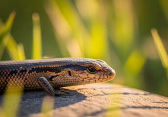 Obraz premium Extreme macro shot of a prairie skink's head with detailed scales and bright eyes, captured in golden hour sunlight, isolated on a transparent background for creative projects.