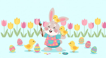 Easter bunny in colorful outfit painting eggs with chicks and tulips