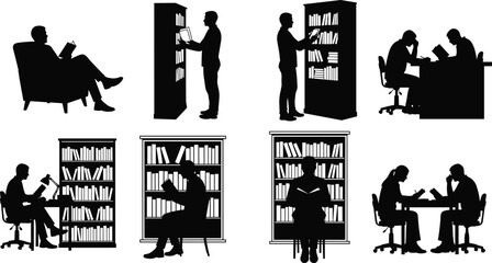 Black silhouettes of people reading books, studying in library, sitting at desks, browsing bookshelves, and working in home office environment. © Bulbuli