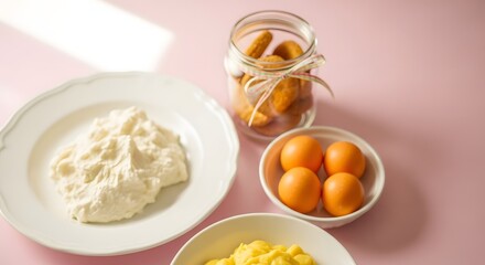 White plate with whipped cream and other ingredients on a pink background eggs