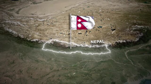 Nepal Map with Waving Flag on Himalayan Mountain Background on World map