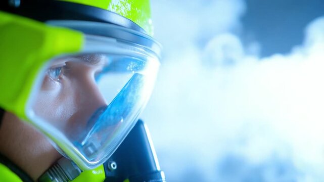 Fearless Responder: A focused firefighter, encased in protective gear, gazes toward the sky, embodying courage and determination. The image conveys the essence of valor and readiness.