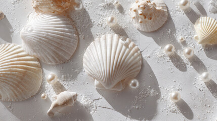 Fototapeta premium Minimal summer seashells and pearls flat lay on white sand background with soft sunlight and elegant coastal aesthetic