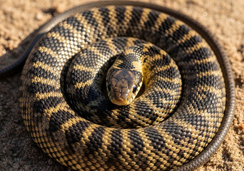 Obraz premium Juvenile northern pine snake (Pituophis melanoleucus) coiled defensively on sandy ground, showcasing its intricate black and yellow patterned scales and watchful eyes, captured in a detailed close-up,