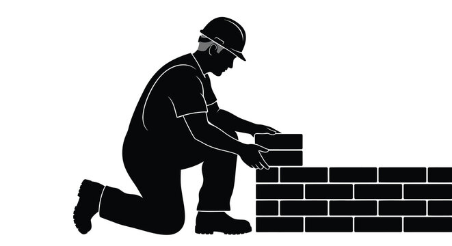 A construction worker kneeling and laying bricks showcasing a stark black silhouette high quality professional detailed modern elegant stylish