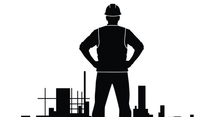 A construction worker stands confidently with hands on hips overlooking a city skyline a striking silhouette high quality © ArtBySalea07