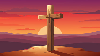 A majestic cross stands tall against a vibrant sunset on a serene beach Vector © Rana Islam