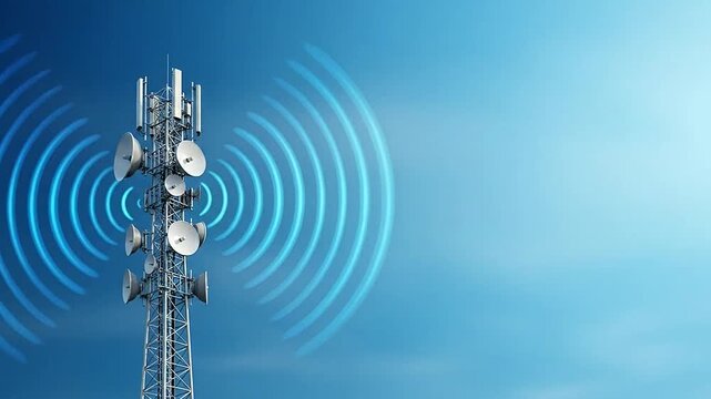A tall telecommunications tower transmits signals against a clear blue sky