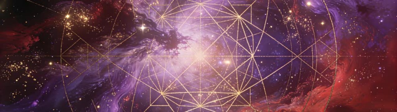 Golden celestial pattern interlocking over swirling clouds of purple and red, creating a mystical and spiritual view of the universe.