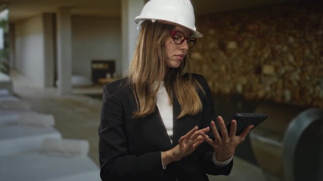 Young hispanic woman wearing white hardhat and red glasses taps tablet with fingers inside building spa pool area; professional focus.