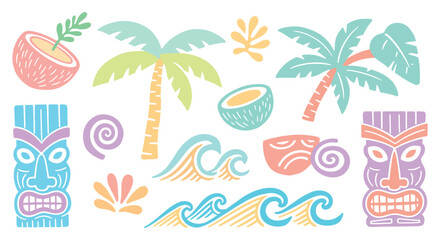 Colorful Tropical Tiki Elements Set – Palm Trees, Waves, Coconut and Polynesian Masks Retro Summer Vector Illustration © graphophonic