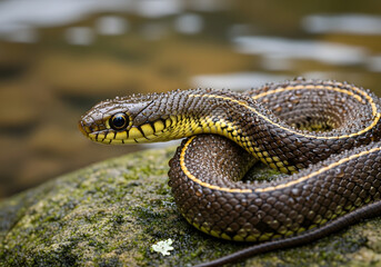 Fototapeta premium Queen snake (Regina septemvittata) resting on a mossy rock near a body of water, its dark scales and vibrant yellow stripes glistening with moisture, showcasing an alert and watchful expression, captu