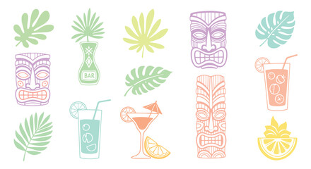 Colorful Tropical Tiki Icon Set with Palm Trees, Pineapple and Summer Cocktails – Retro Beach Vector Collection © graphophonic