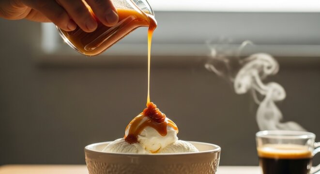 Ice cream dessert with caramel sauce pouring from a glass jug