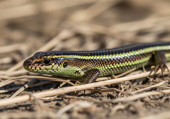 Obraz premium A detailed macro close-up of a western glass lizard, showcasing its intricate scales and vibrant green and black striped patterns, resting calmly on dry straw and blending seamlessly into its natural 