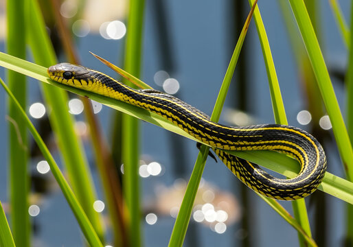 Eastern ribbon snake (Thamnophis sauritus) gracefully draped across a vibrant green reed or blade of grass, with a blurred natural background of shimmering water and sunlight reflections, captured in 