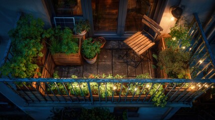 Fototapeta premium Cozy urban balcony vegetable garden at night with glowing string lights and single green chair above city street