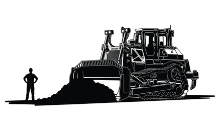 A detailed black and white illustration depicts a large mining dump truck and a human figure silhouette high quality © ArtBySalea07