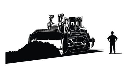 A large black construction bulldozer dominates the scene near a human figure presented as a striking silhouette high quality © ArtBySalea07