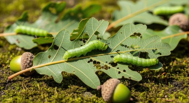 green caterpillars on oak leaves with acorns in a lush forest setting