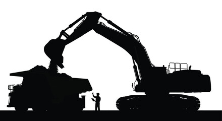 A large excavator dumps a load of material into a waiting dump truck depicted in dark silhouette high quality © ArtBySalea07