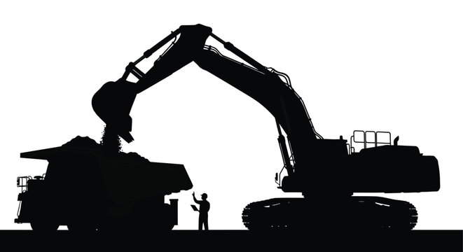 A large excavator dumps a load of material into a waiting dump truck depicted in dark silhouette high quality