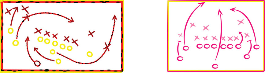 Diagram illustrating two distinct schematic representations of offensive football plays utilizing marked arrows and player positions for strategy.