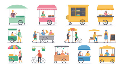 Street Food Carts Collection with Vendors and Customers, Flat Design Illustration Set Isolated on White