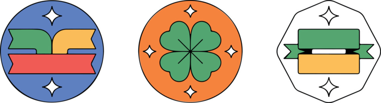 St patrick's day themed round and octagonal badges featuring ribbons, clovers, and stars in various designs