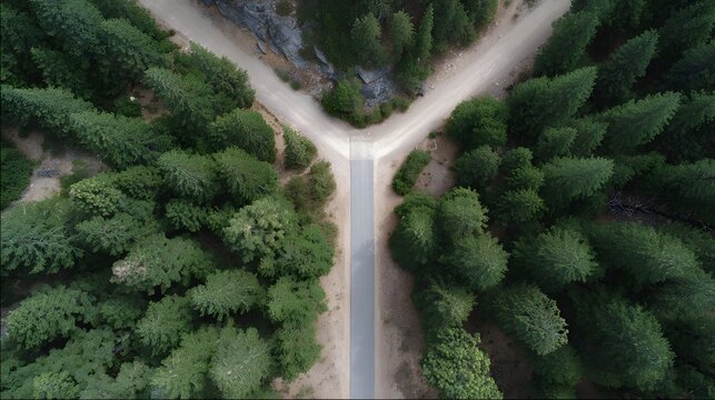 An aerial view from above shows a road diverging into two distinct paths amidst a dense lush green coniferous forest