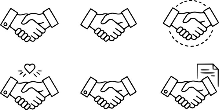 Handshake friendly agreement partnership deal, corporate trust contract thin outline icon. Minimalist line sign two hands shaking each other in heart symbol. Vector isolated pictogram for web and app.