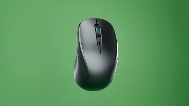 Mouse computer ergonomic black with blue scroll wheel isolated on a green gradient background featuring input device, technology, digital with gadget